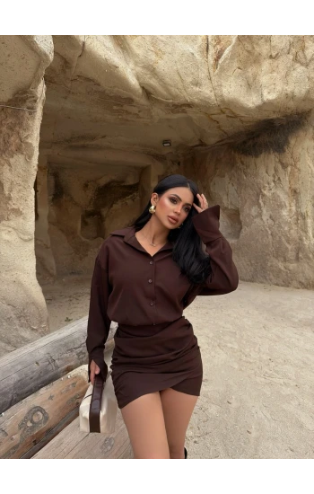 Kahve Double Gömlek Elbise