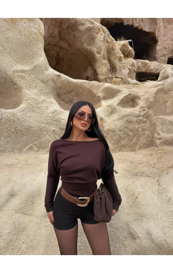 Kahve Düşük Omuz Korseli Sweat