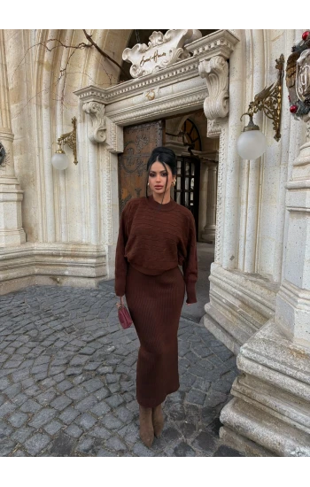 Kahve Elbise Kazak Triko Takım