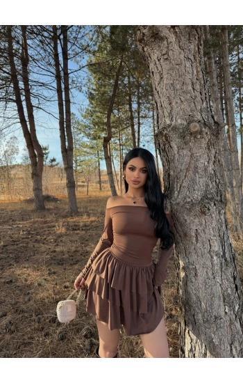 Kahve Eteği Fırfırlı Madonna Elbise