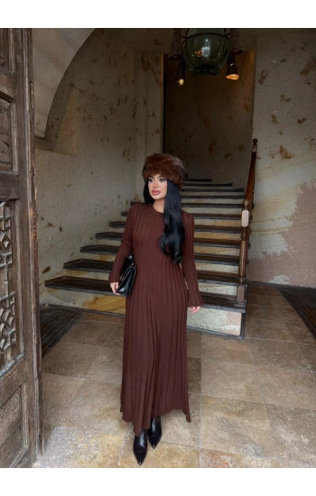 Kahve Fitilli Triko Maxi Elbise