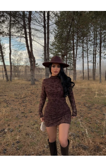 Kahve Flowers Flok Baskı Elbise