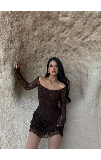 Kahve İçi Astarlı Güpürlü Elbise