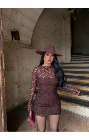 Kahve İçi Astarlı Güpürlü Elbise