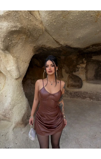 Kahve İp Askılı Balenli Elbise