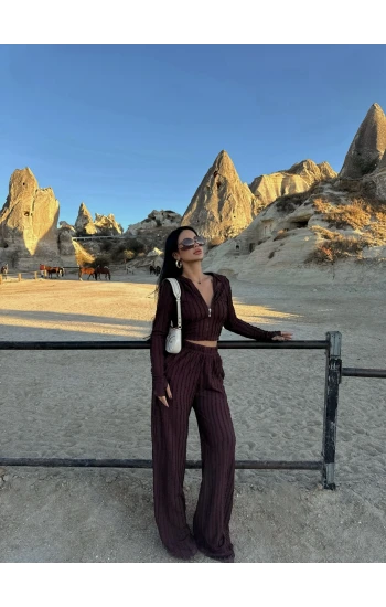 Kahve Kapşonlu Ters Dikiş İkili Takım