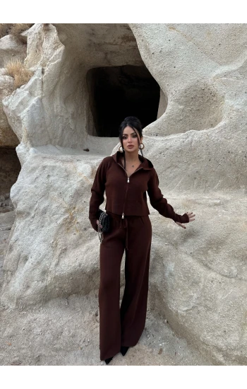 Kahve Kapşonlu Triko İkili Takım