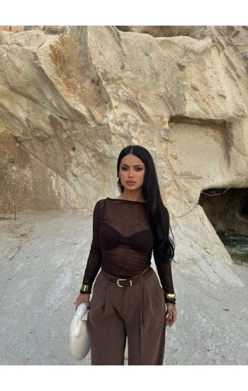 Kahve Kayık Yaka Transparan Crop