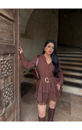 Kahve Kemerli Dantel Detay Elbise