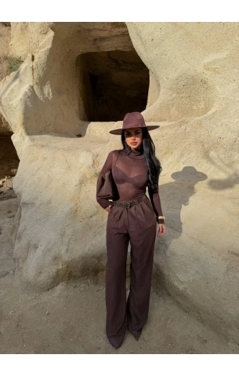 Kahve Kemerli Kadife Palazzo Pantolon