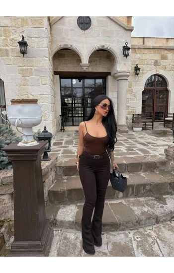 Kahve Kemerli Slim Flare Pantolon