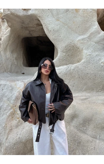 Kahve Kemerli Yarasa Kol Deri Mont