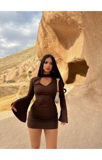 Kahve Kolları Volanlı Scuba Elbise