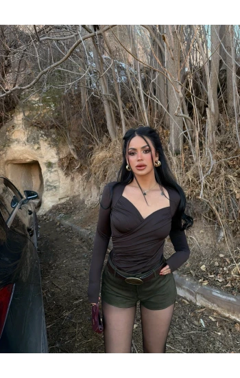 Kahve Kruvaze Büzgülü Crop