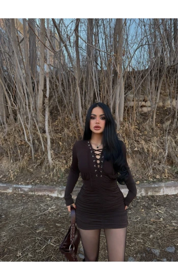 Kahve Kuşgözü Büzgülü Elbise