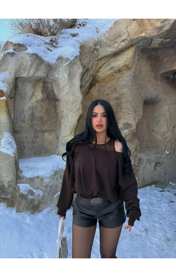 Kahve Omuz Tül Askılı Sweat