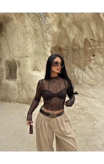 Kahve Ön Şeritli Tül Bluz