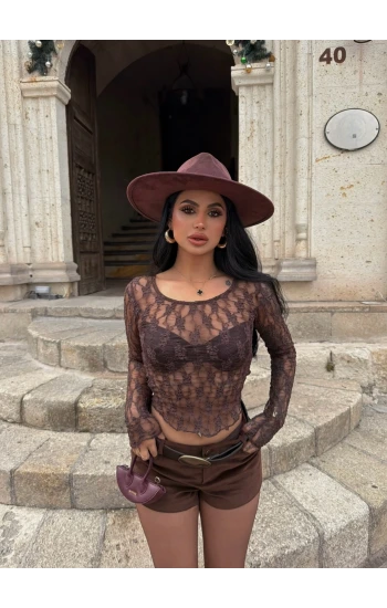 Kahve Oval Yaka Güpürlü Crop