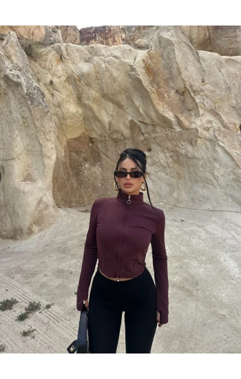 Kahve Parmak Geçmeli Fermuarlı Crop