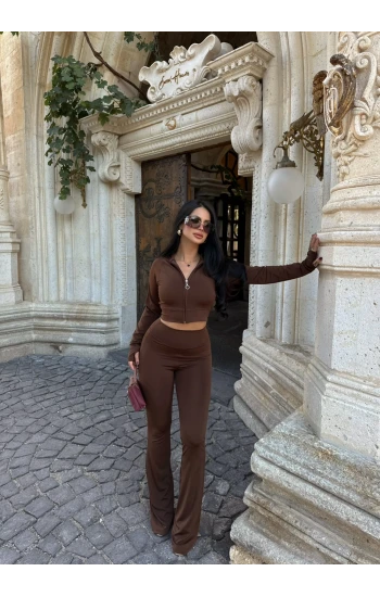 Kahve Parmak Geçmeli Kapşonlu İkili Takım