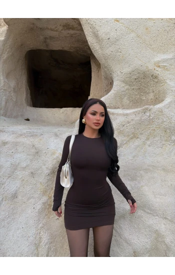 Kahve Parmak Geçmeli Scuba Elbise