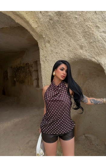 Kahve Puantiyeli Degaje Bluz