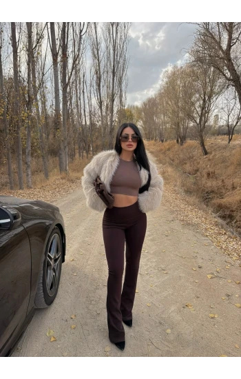 Kahve Ribanalı Yüksek Bel Tayt