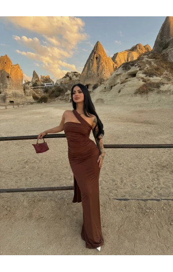 Kahve Şal Detay Maxi Elbise