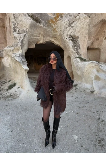 Kahve Şal Yaka Saçaklı Kürk