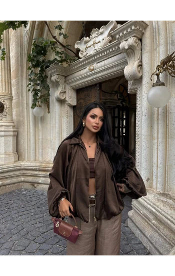 Kahve Saten Yarasa Bomber Ceket