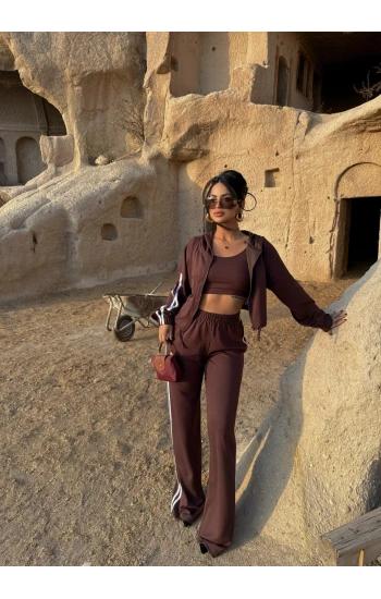 Kahve Şeritli Modal Üçlü Takım