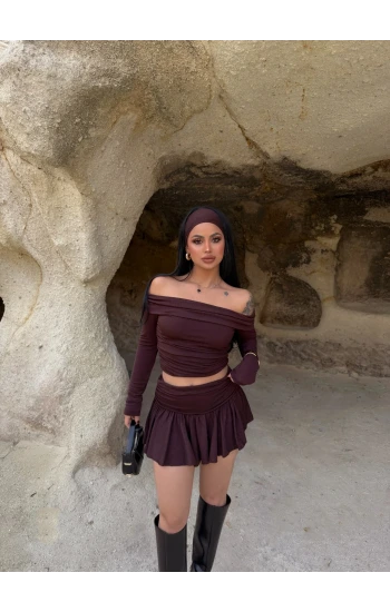 Kahve Simli Etek Bluz İkili Takım