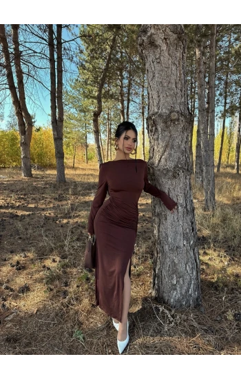Kahve Sırt Degaje Sandy Elbise