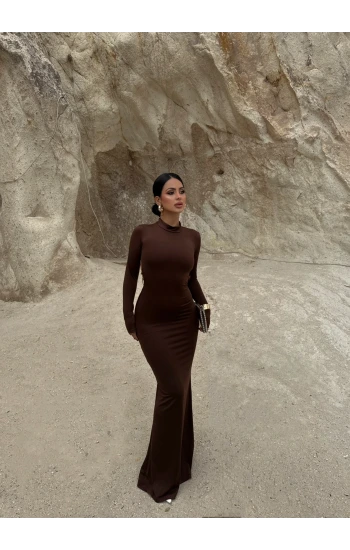 Kahve Sırt Halkalı Maxi Elbise