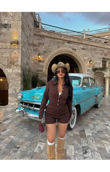 Kahve Şortlu Bodysuit Triko İkili Takım