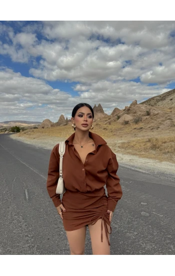 Kahve Terra Eteği Büzgülü Elbise