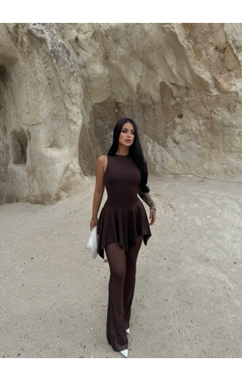 Kahve Tül Pantolon Elbise