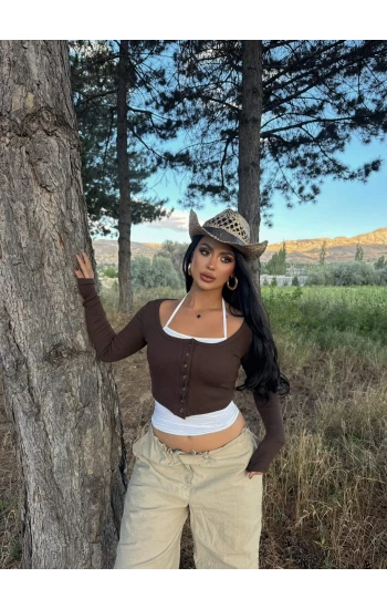 Kahve Twist Çıtçıtlı Crop Set