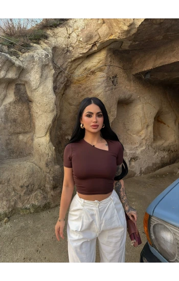 Kahve Yaka Asimetrik Crop