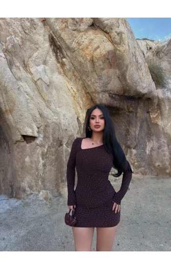 Kahve Yaka Asimetrik Taşlı Elbise