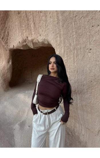 Kahve Yaka Degaje Büzgülü Crop