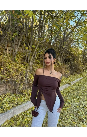 Kahve Yandan Büzgülü Straplez Crop