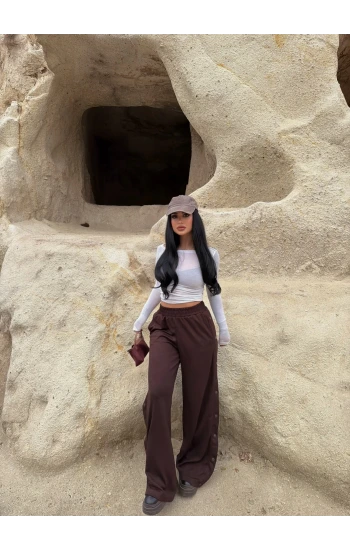 Kahve Yanı Çıtçıtlı Palazzo Pantolon