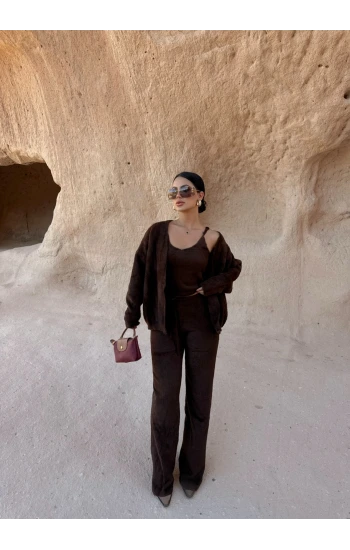 Kahve Yumoş Triko Üçlü Takım