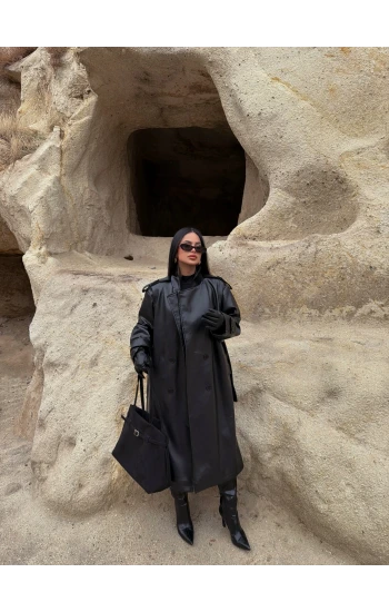 Kemerli Deri Long Trenç