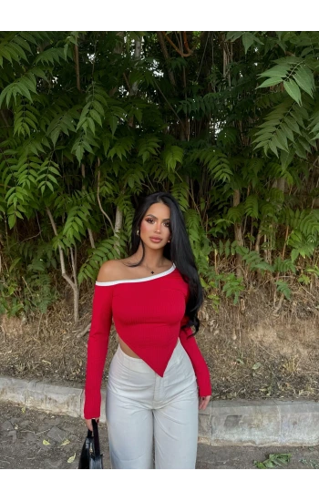 Kırmızı Asimetrik Biyeli Crop