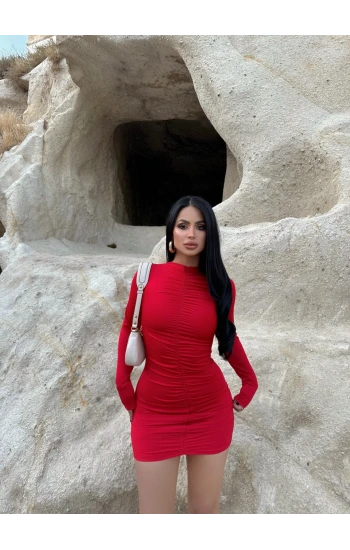 Kırmızı Büzgülü Mini Elbise