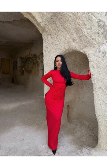 Kırmızı Dik Yaka Büzgülü Maxi Elbise