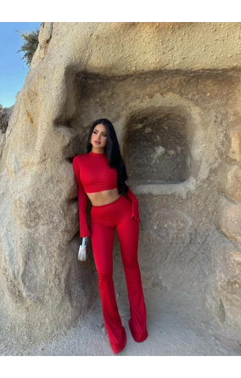 Kırmızı İspanyol Tayt Crop İkili Takım