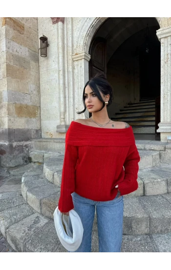 Kırmızı Madonna Yaka Şardonlu Kazak